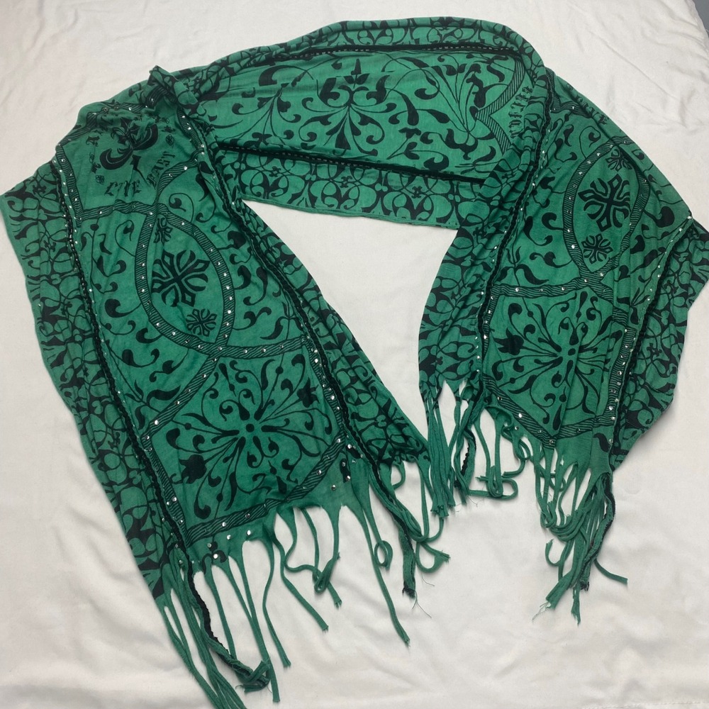 Affliction Live Fast Scarf Green Black Gothic Fleur De Lis Studded Fringe Y2K
